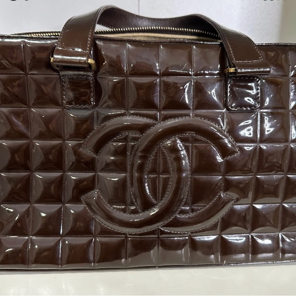 Authentic Chanel patent leather chocolate bar bowler handbag
